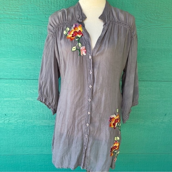 JOHNNY WAS BUTTON DOWN DRESS TUNIC TOP BLUE GRAY SIZE SMALL - Picture 10 of 13